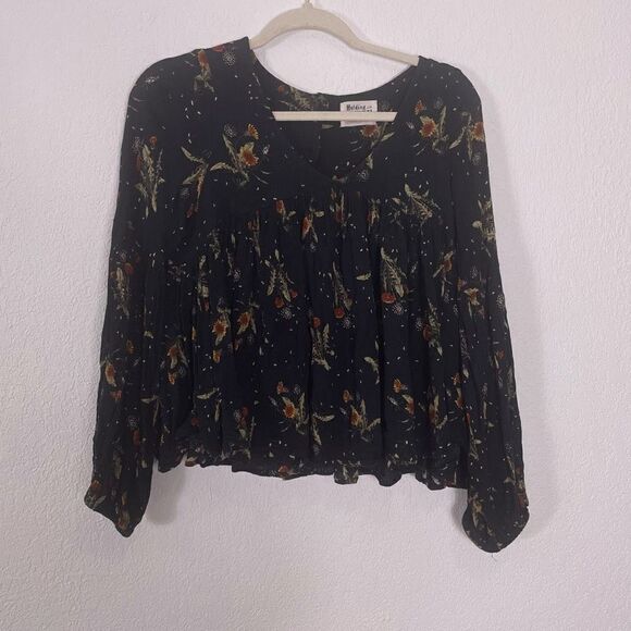 Holding Horses Anthropologie Black with Orange Floral Print Flowy Long Sleeve Bl - Picture 2 of 10